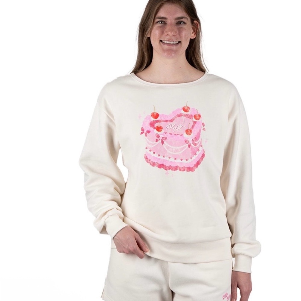 STATE OF MINE V-DAY PULLOVER Cream Sweatshirt with Pink Graphic - Picture 1 of 7
